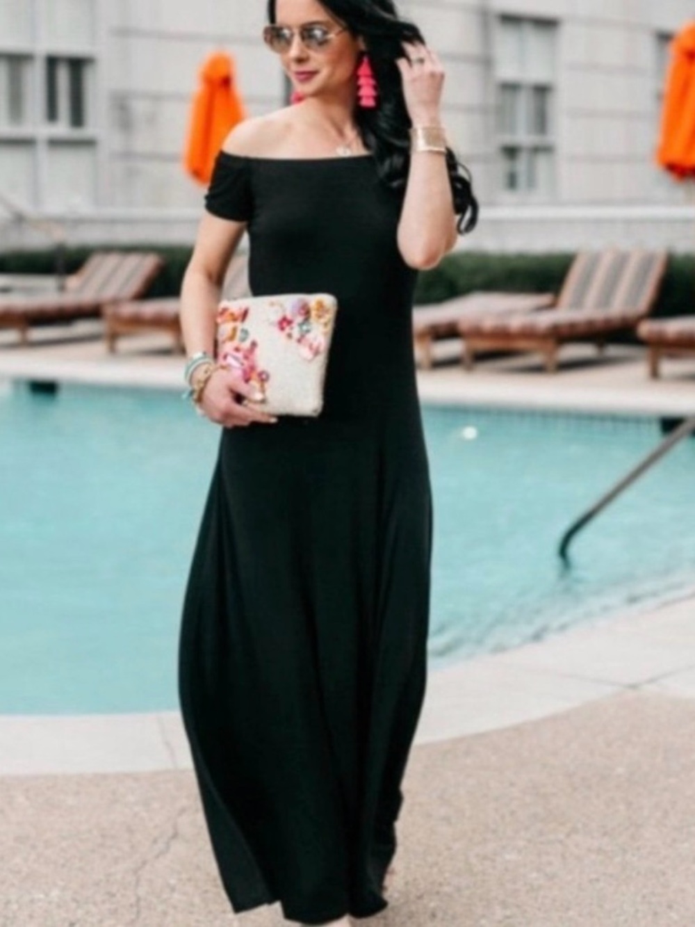 NWT LOFT Black Off Shoulder Boatneck Maxi Dress, size L